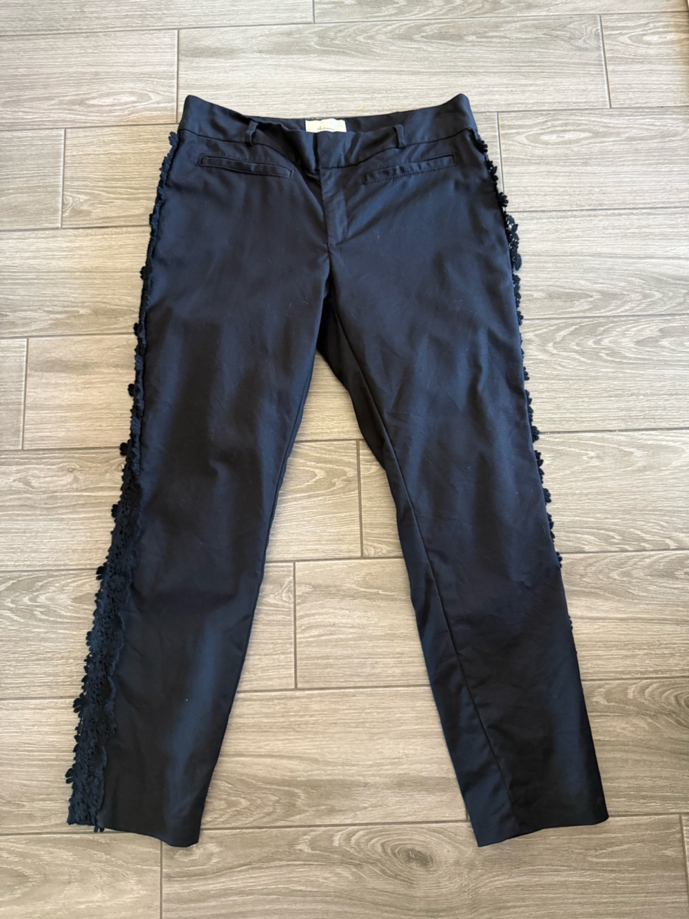 Elevenses Anthropologie|Women's black dress Pants/trousers,floral crotchet trim•